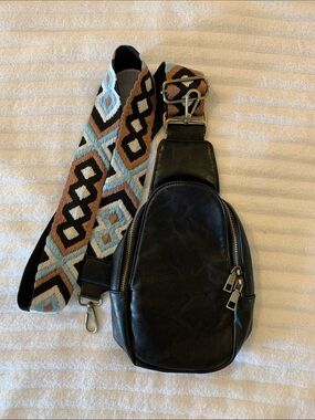 Black  Crossbody Sling Bag with Patterned Strap